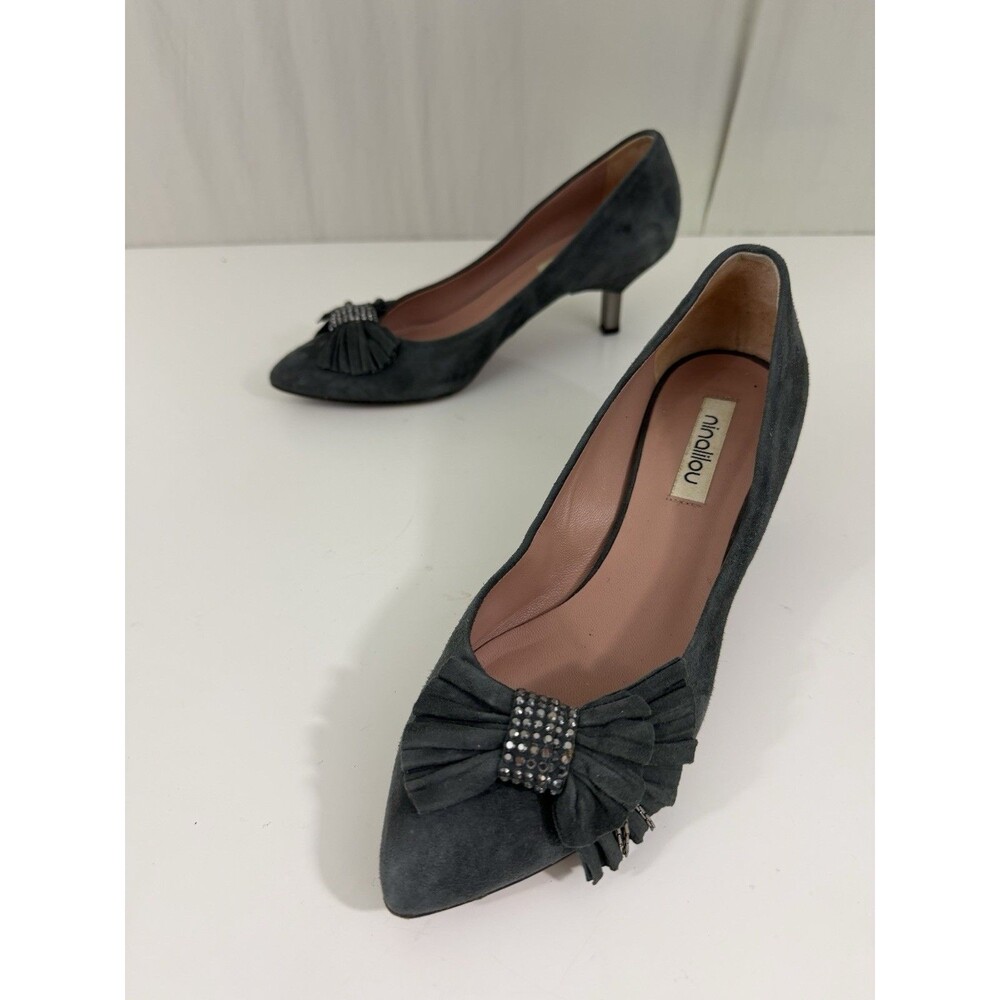 Ninalilou Grey Suede Kitten Heel Sz 36.5 Butterfly Bow Elegant Feminine